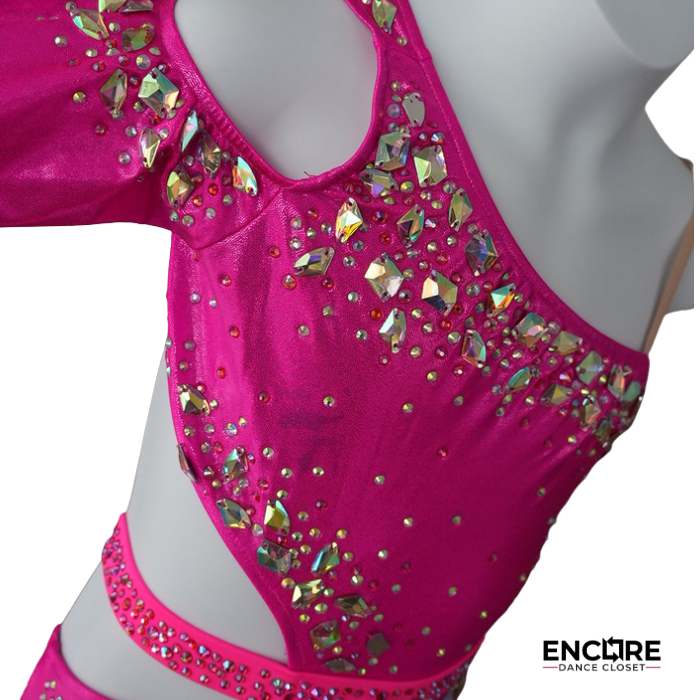 Hot Pink One-Shoulder Contemporary Biketard with Rhinestones  leotard