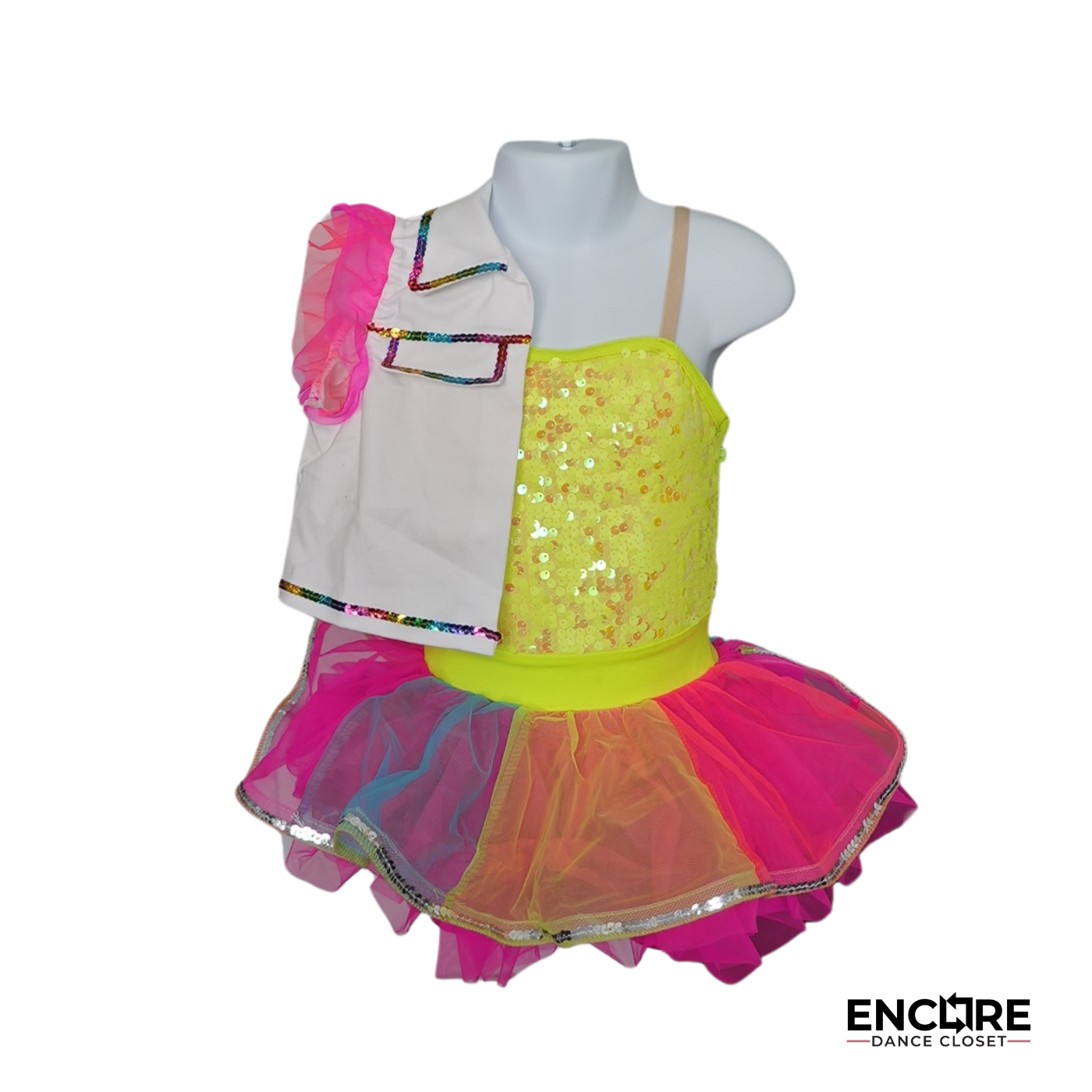 Yellow Sequin Dress with Multicolor Tutu and White Jacket