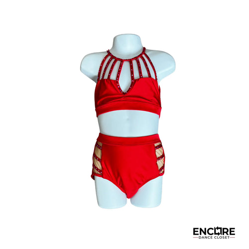 Red Rhinestone-Strapped Two-Piece Set - two-piece dance costume