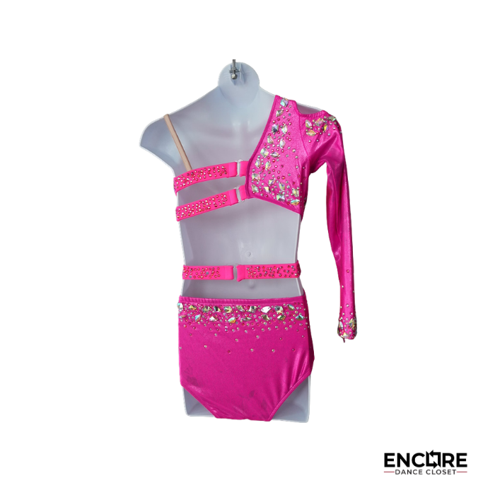 Hot Pink One-Shoulder Contemporary Biketard with Rhinestones  leotard