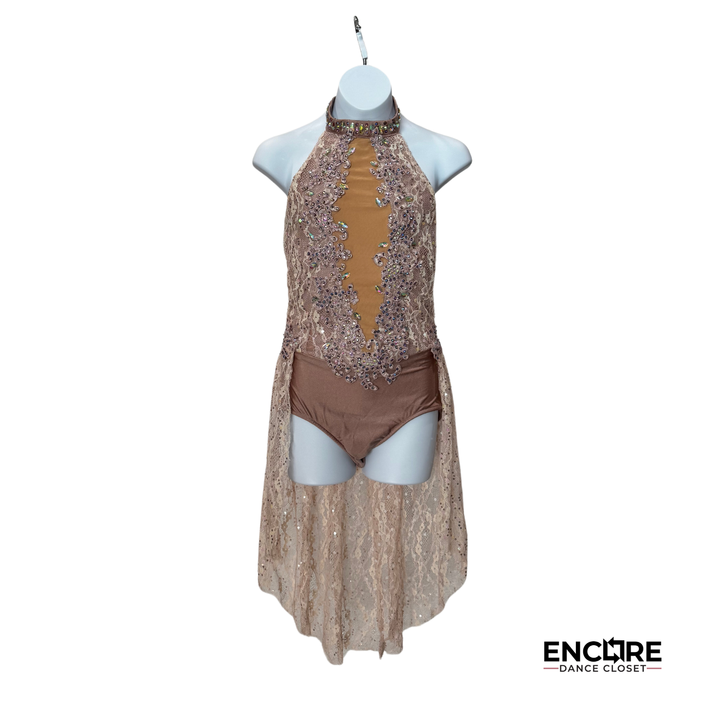 Elegant Mauve Leotard with Rhinestone Appliqués and Lace Accents