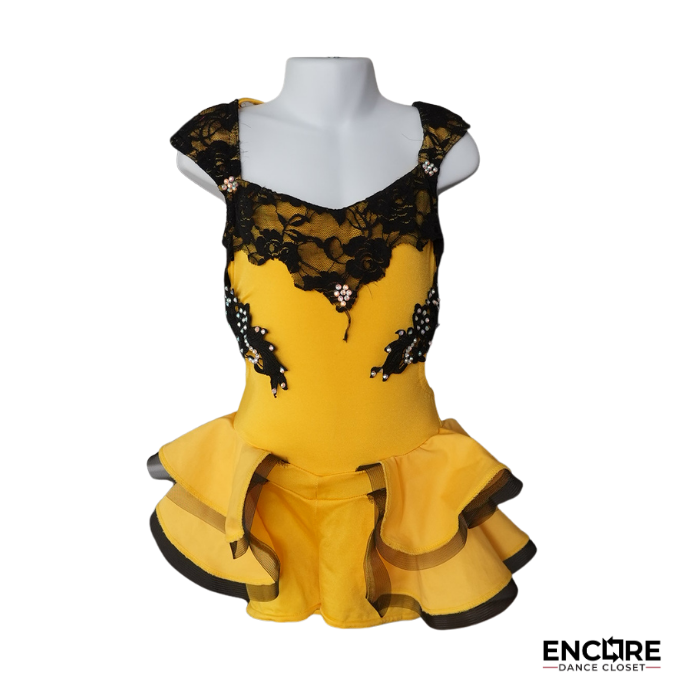Yellow Dance Dress with Black Lace Appliqué and Layered Skirt  dress