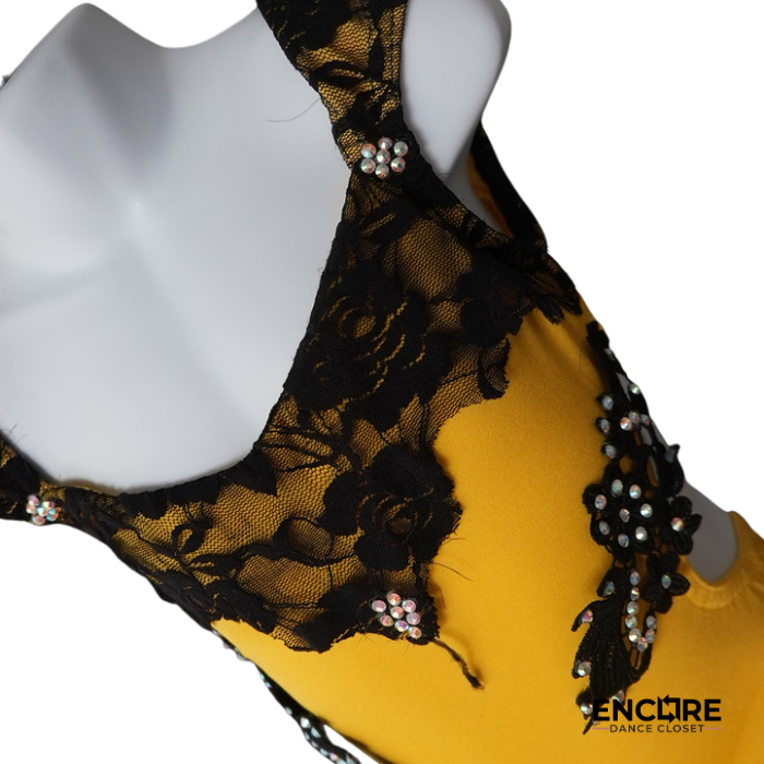 Yellow Dance Dress with Black Lace Appliqué and Layered Skirt  dress