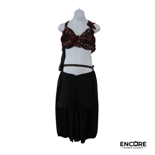 Wine Floral Appliqué Two-Piece with Flowing Black Chiffon  two piece