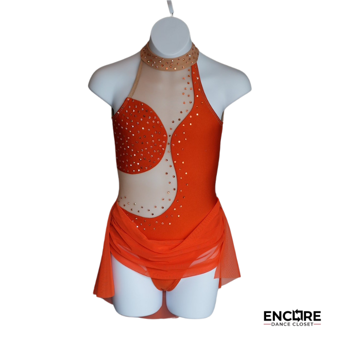 Orange Leotard with Mesh Skirt and Rhinestones