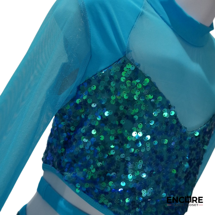 Teal Sequin Lyrical Costume with Sheer Long Sleeves Encore Dance Closet Teal Sequin Lyrical Costume with Sheer Long Sleeves Encore Dance Closet