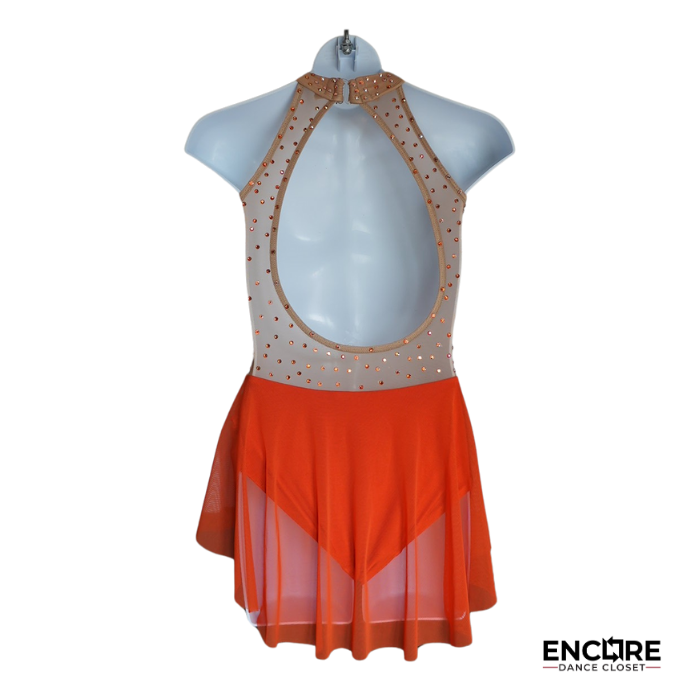 Orange Leotard with Mesh Skirt and Rhinestones