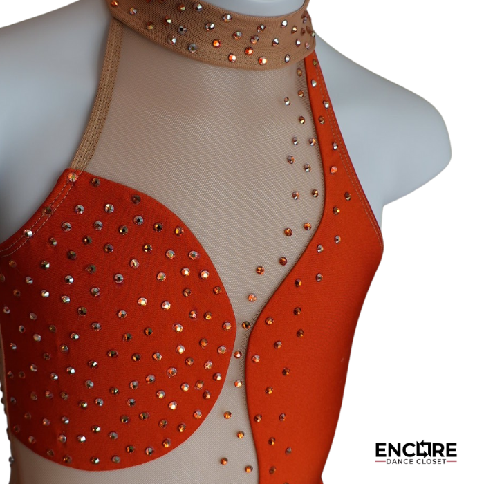 Orange Leotard with Mesh Skirt and Rhinestones