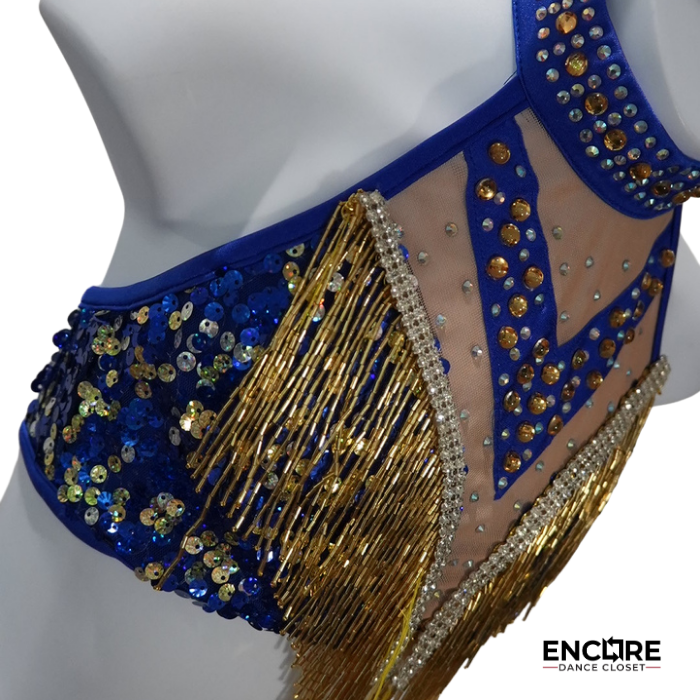 Royal Blue and Gold Fringe Two-Piece Jazz Costume  two piece
