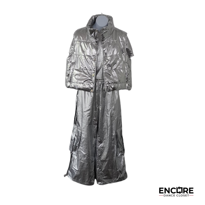 Silver Metallic Puffer Streetwear Costume Set  two piece