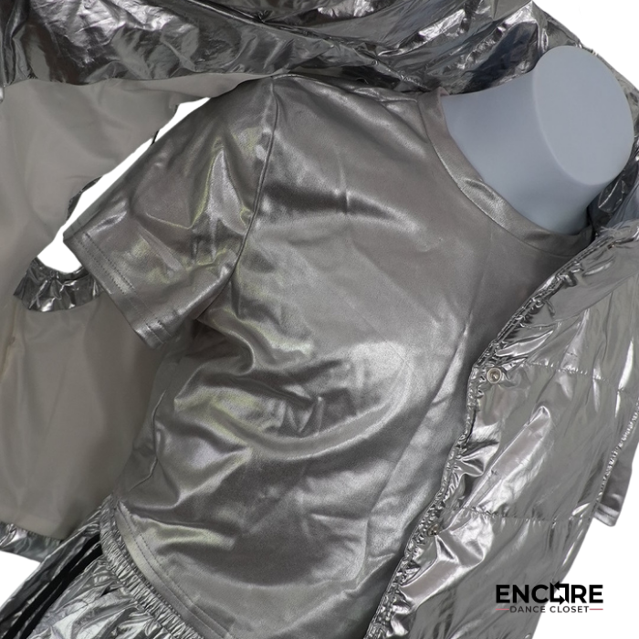 Silver Metallic Puffer Streetwear Costume Set  two piece
