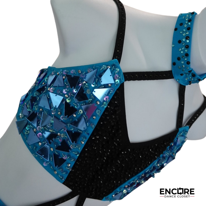 Turquoise and Black Rhinestone Two-Piece Dance Costume  leotard
