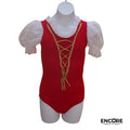Cotton Leotard with Gold Lace-Up and Mesh Sleeves  leotard