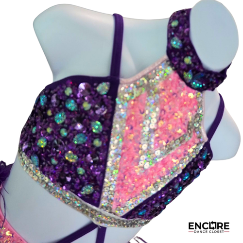 Purple and Pink Rhinestone Jazz Costume with Fringe  two piece