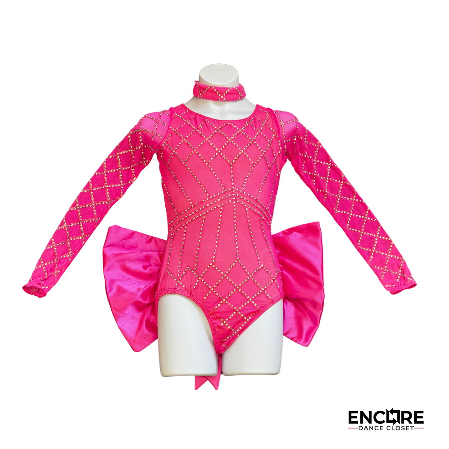 Rhinestone-Embellished Hot Pink Mesh Leotard with Removable Satin Bow and Choker