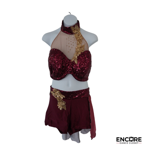 Wine Sequin & Gold Appliqué Halter with Ombré Skirt  two piece