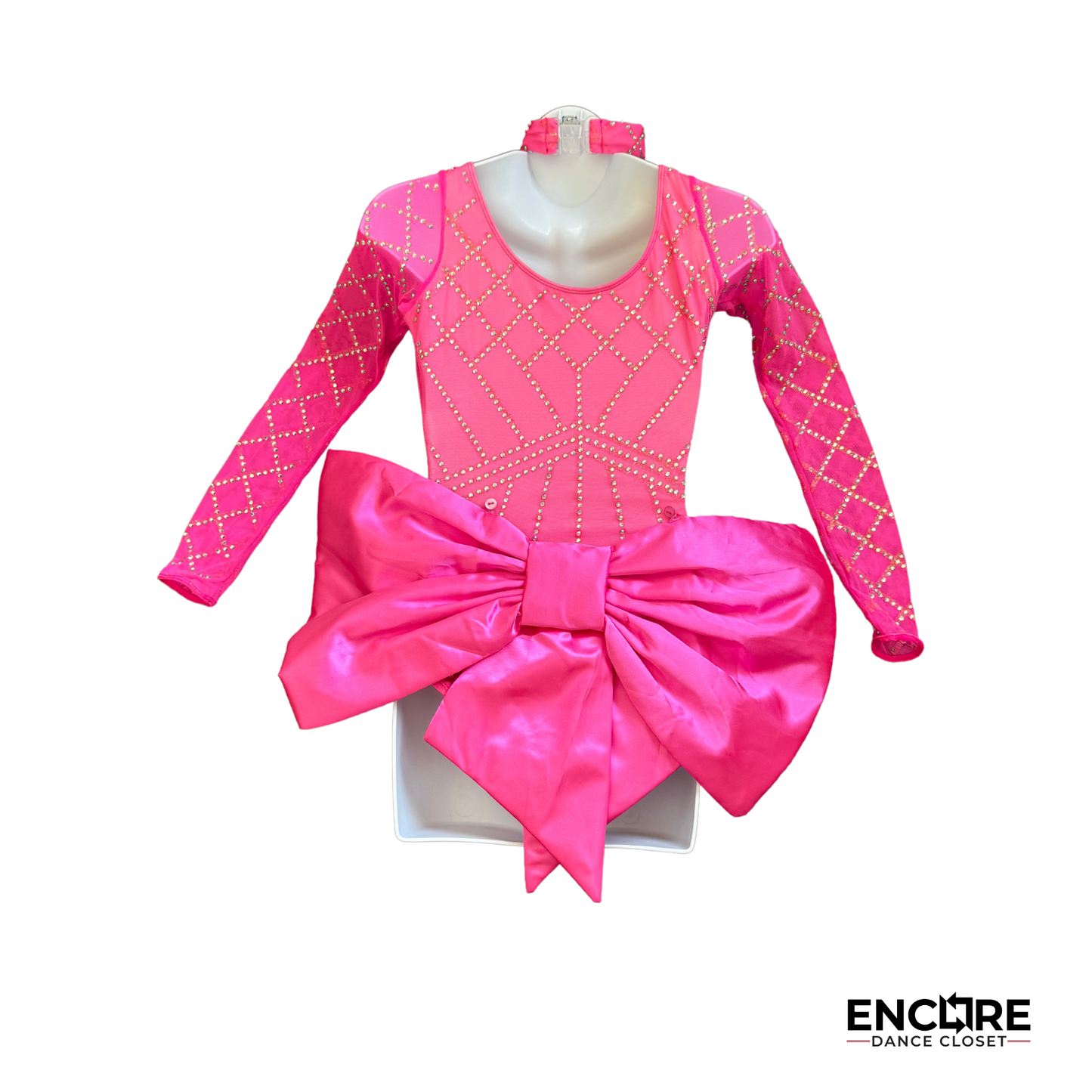 Rhinestone-Embellished Hot Pink Mesh Leotard with Removable Satin Bow and Choker