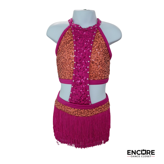 Coral and Pink Fringe Jazz Costume with Sequin Panels  dress
