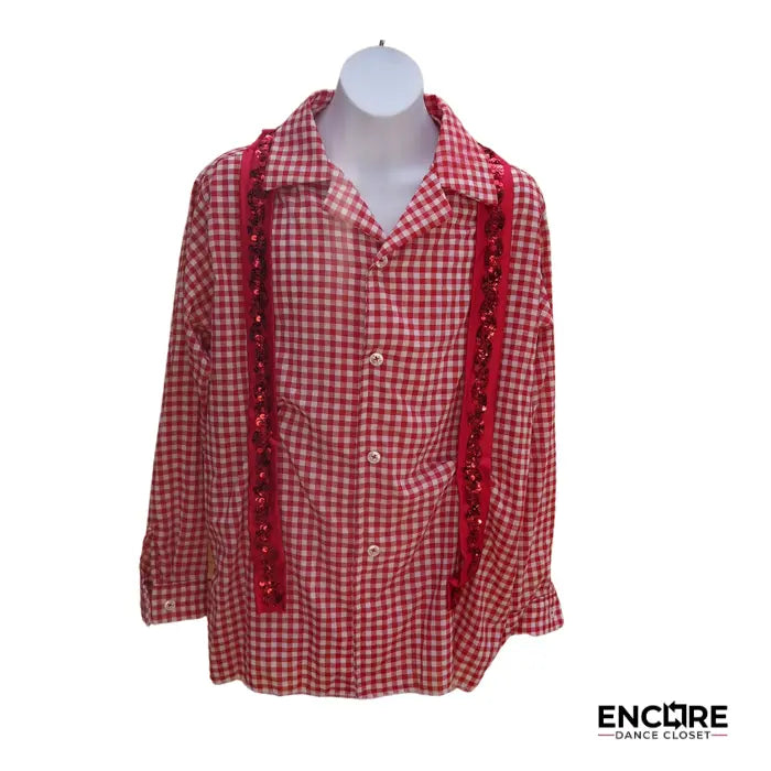 Red and White Gingham Shirt with Sequin Suspenders  top