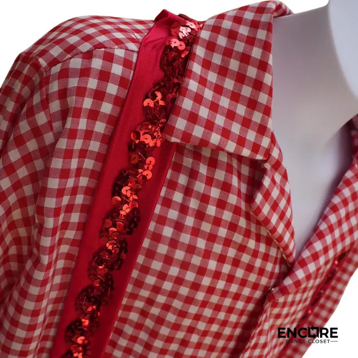 Red and White Gingham Shirt with Sequin Suspenders  top