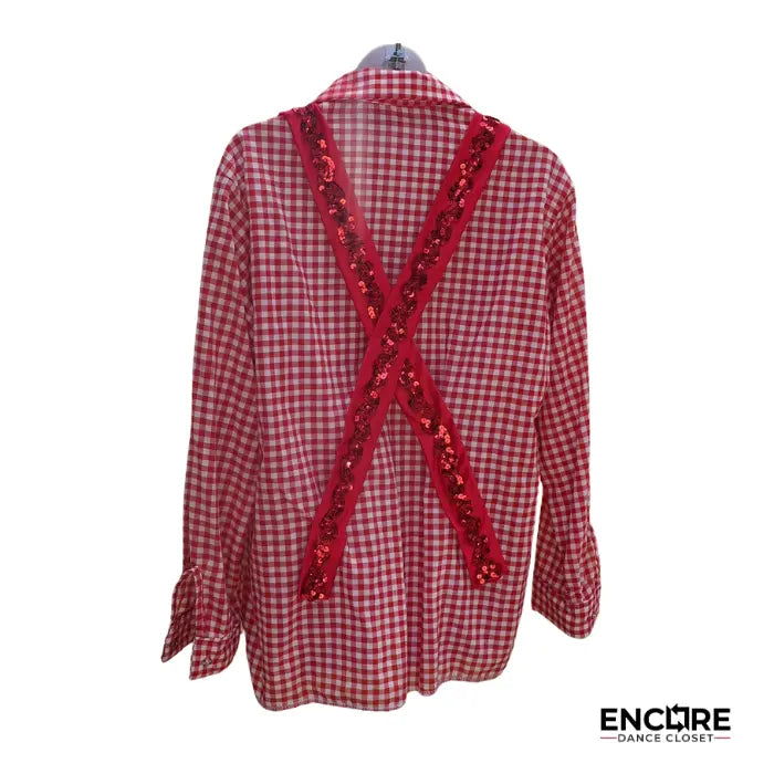 Red and White Gingham Shirt with Sequin Suspenders  top