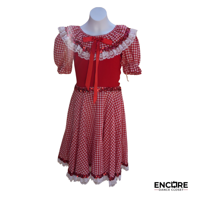 Red Cotton Leotard with Gingham Skirt and Lace Trim