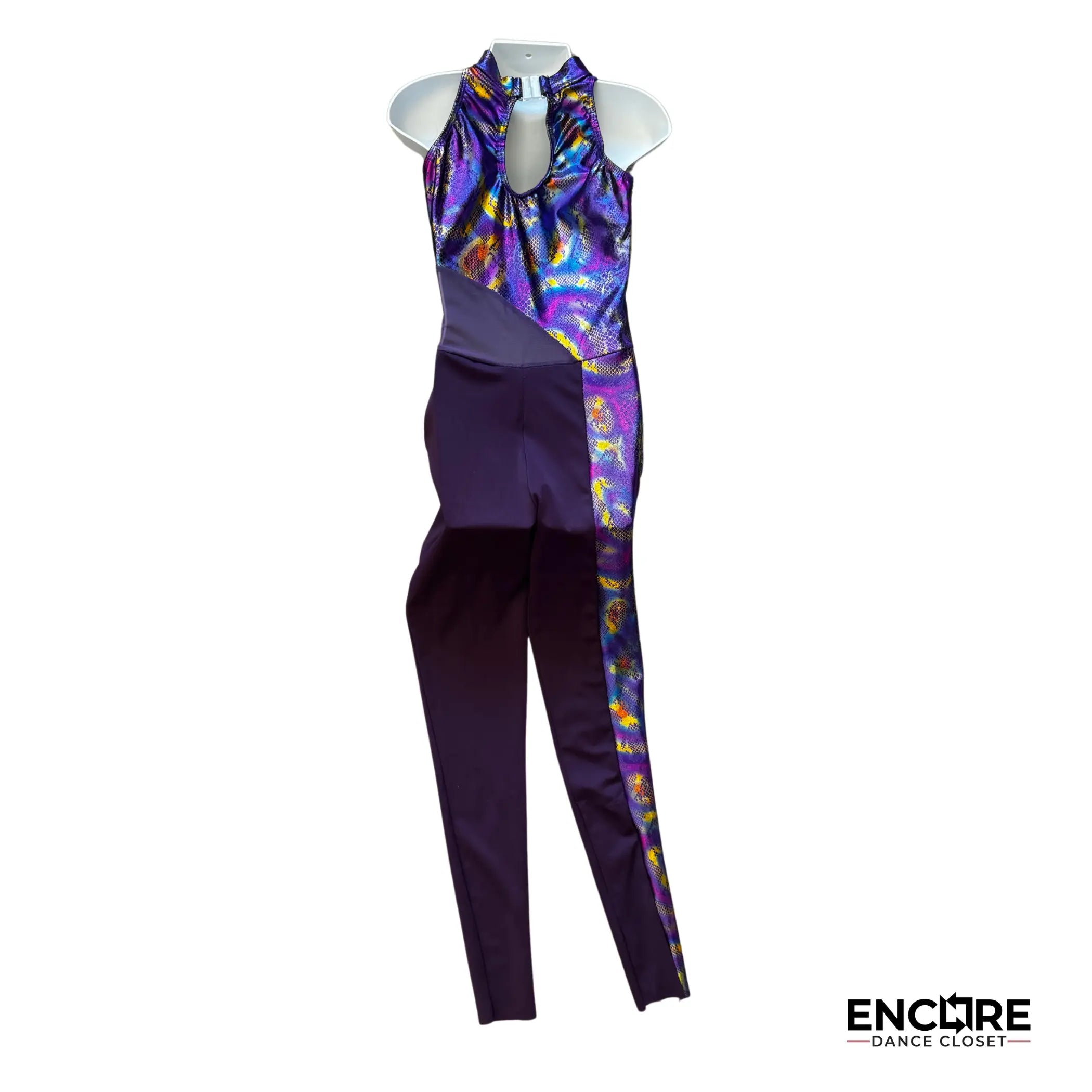 Bold Purple and Snake Print Mock Neck Unitard  unitard
