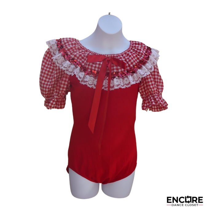 Red Cotton Leotard with Gingham Skirt and Lace Trim