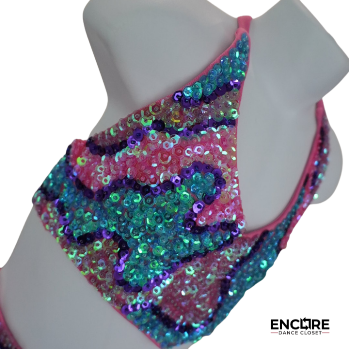 Multicolor Sequin Dance Costume with Purple Tulle Skirt  two piece