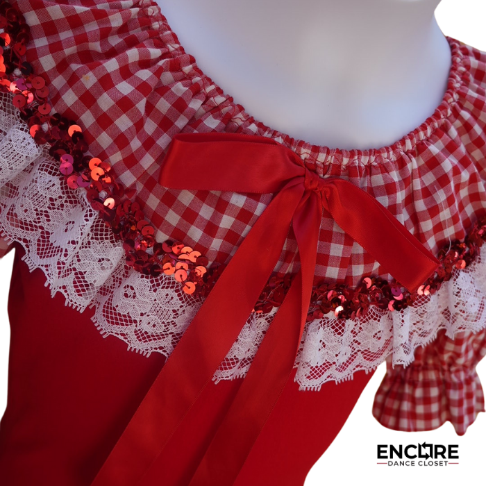 Red Cotton Leotard with Gingham Skirt and Lace Trim