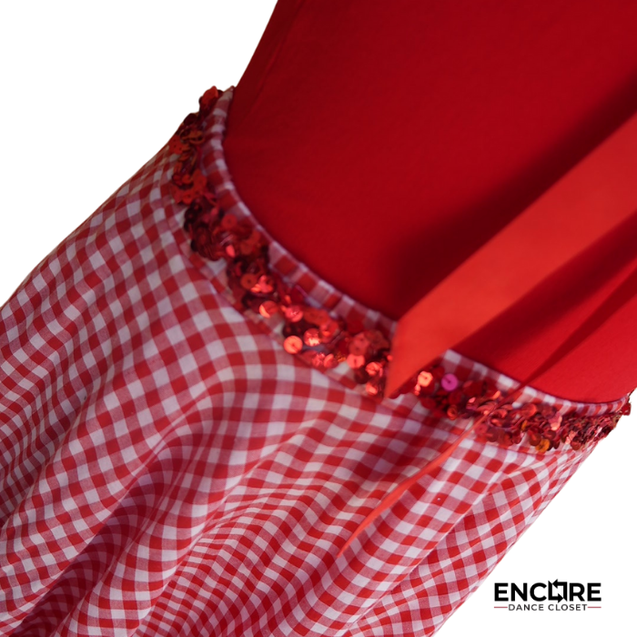 Red Cotton Leotard with Gingham Skirt and Lace Trim