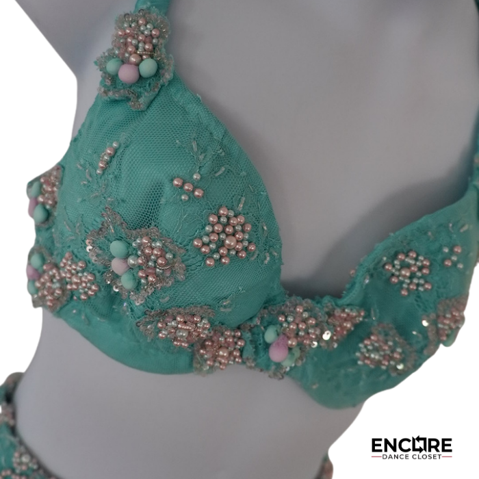 Seafoam Beaded Floral Bra & Skirt Two-Piece  two piece