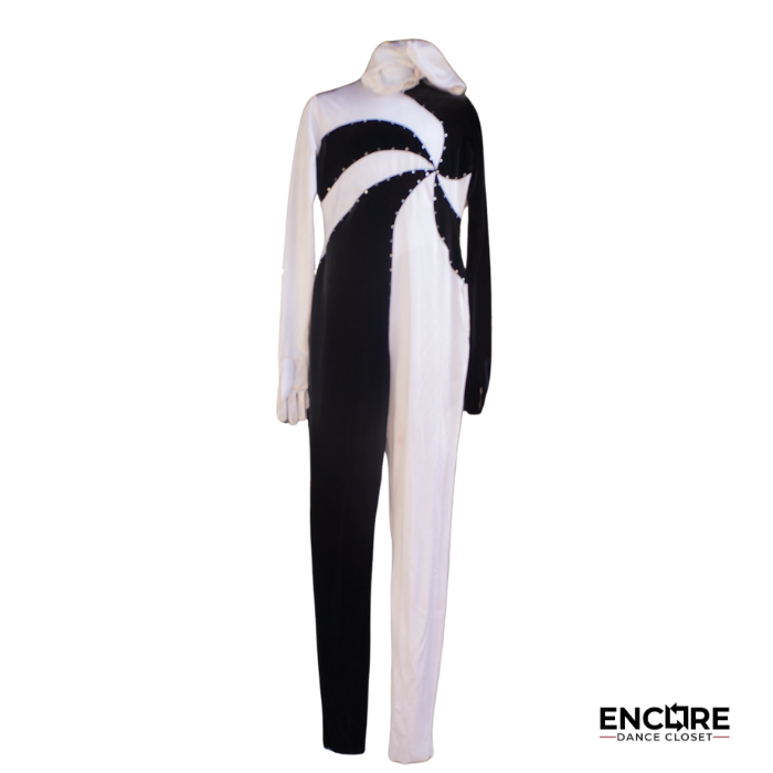 Black Velvet and White Lycra Swirl Unitard with Hood