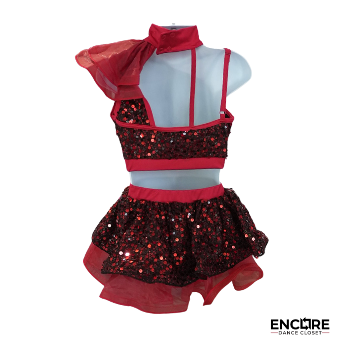 Red and Black Sequin Jazz Costume with Ruffle Shoulder  two piece