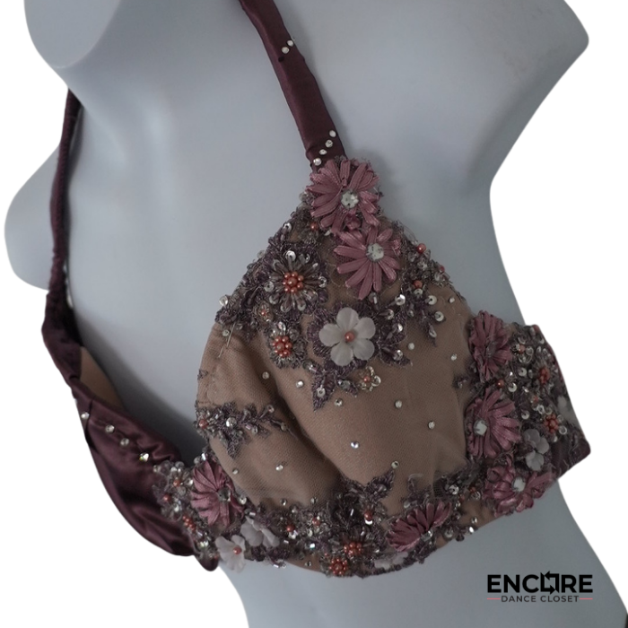 Dusty Mauve Satin Lyrical Costume with 3D Floral Bodice  two piece