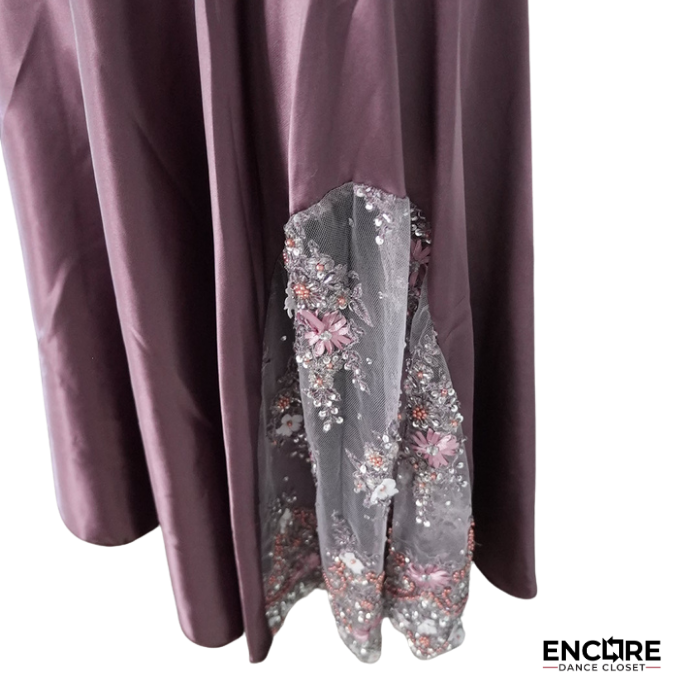 Dusty Mauve Satin Lyrical Costume with 3D Floral Bodice  two piece