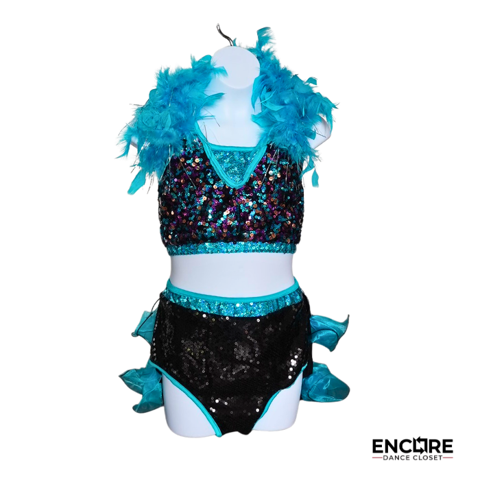 Teal & Black Sequin Jazz Two-Piece with Feather Collar  two piece