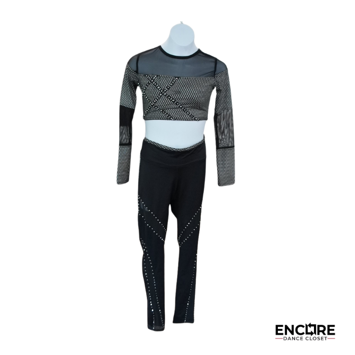 Black Contemporary Dance Set with Mesh Crop Top and Leggings  two piece