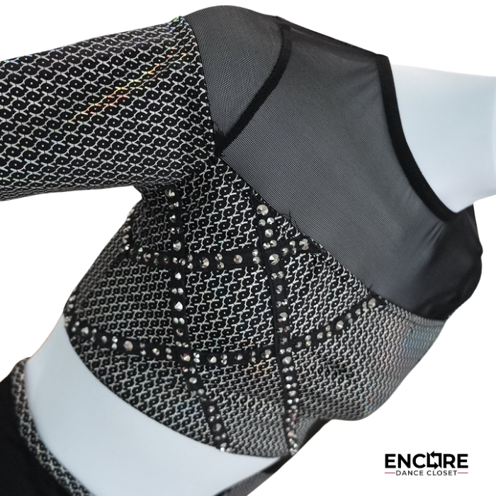 Black Contemporary Dance Set with Mesh Crop Top and Leggings  two piece