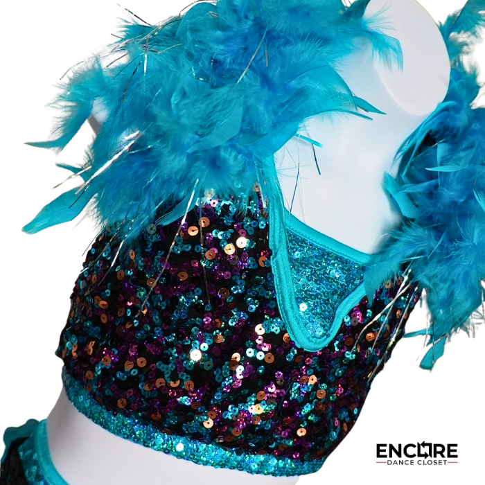 Teal & Black Sequin Jazz Two-Piece with Feather Collar  two piece