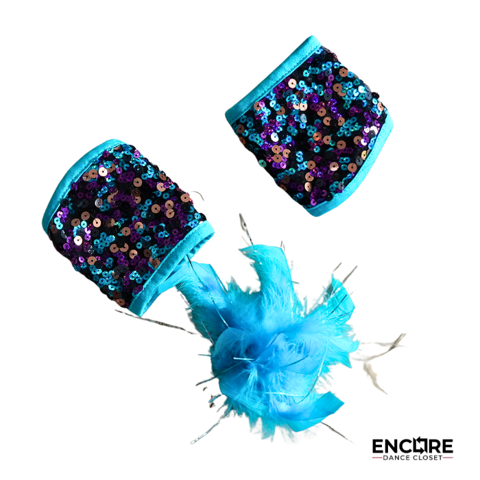 Teal & Black Sequin Jazz Two-Piece with Feather Collar  two piece