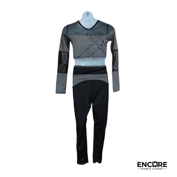 Black Contemporary Dance Set with Mesh Crop Top and Leggings  two piece