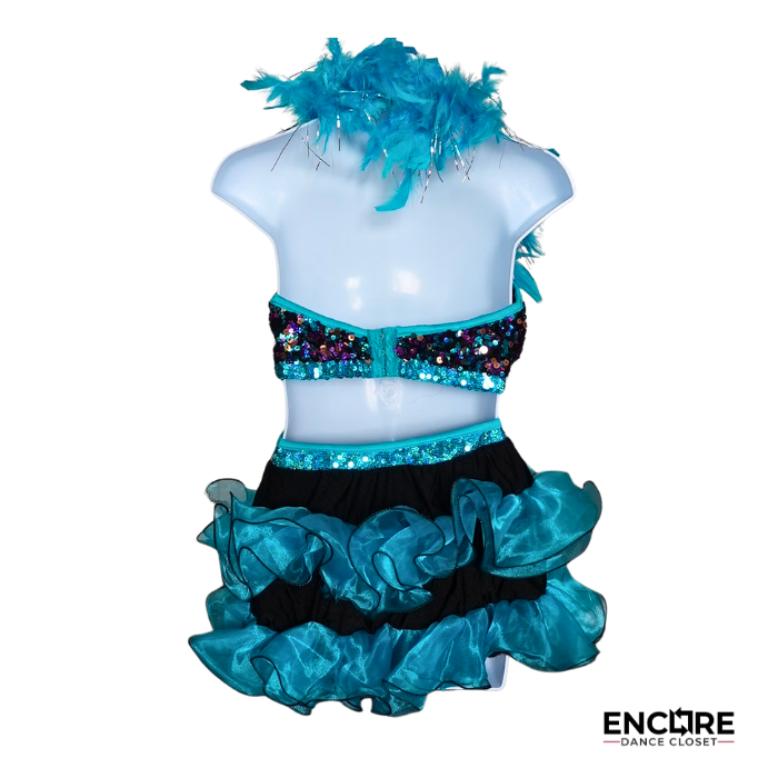 Teal & Black Sequin Jazz Two-Piece with Feather Collar  two piece