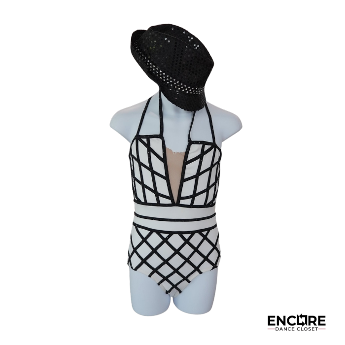 Black and White Geometric Two-Piece Dance Costume with Hat  leotard