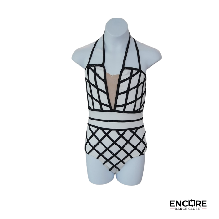 Black and White Geometric Two-Piece Dance Costume with Hat  leotard