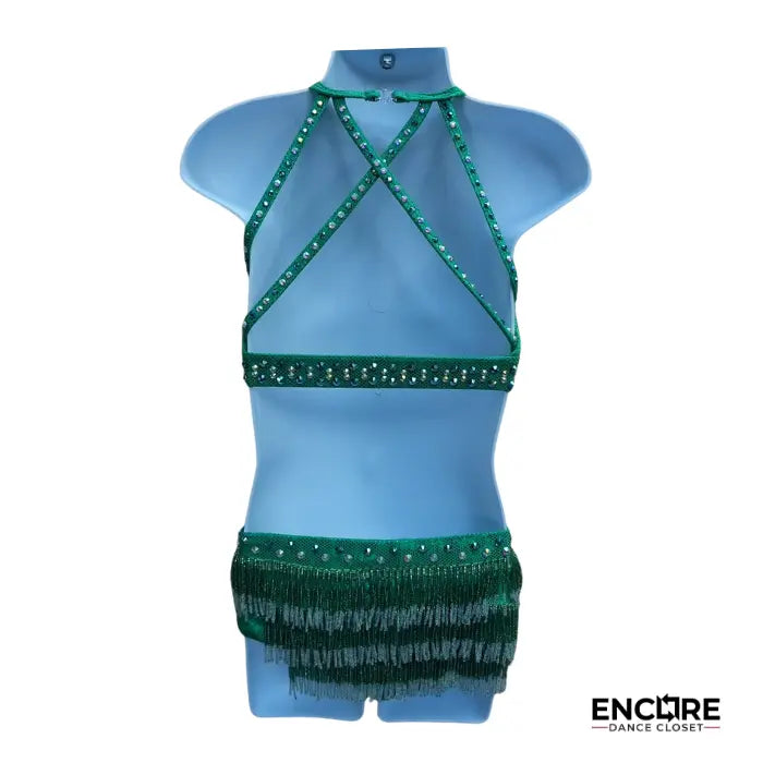 Emerald Green Rhinestone Fringe Costume  two piece