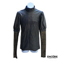 Shiny Mock Neck Puffer Sleeve Top with Mesh Detail  top