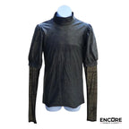 Shiny Mock Neck Puffer Sleeve Top with Mesh Detail  top