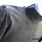Shiny Mock Neck Puffer Sleeve Top with Mesh Detail  top