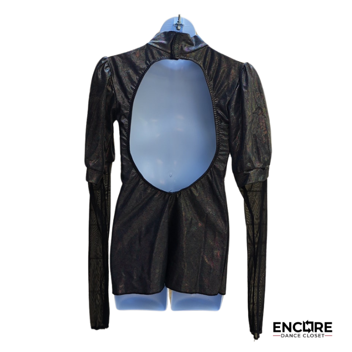 Iridescent Mock Neck Puffer Sleeve Top with Mesh Detail